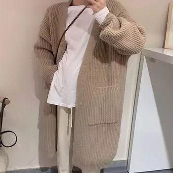 Корейская версия свободного утолщенного трикотажного кардигана с V-образным вырезом, пальто для женщин на осень и зиму, новый большой размер, ленивый ветровка, свитер, куртка one size fits all хаки