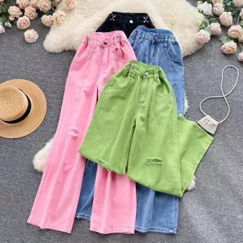 Корейская версия, свободные широкие рваные джинсы, женские тонкие универсальные узкие прямые брюки с высокой талией Ins High Street S розовый