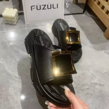 Корейская версия тапочек на платформе, женские летние новые модные женские повседневные сандалии с квадратной пряжкой для дома, ленивое слово 36 чёрный