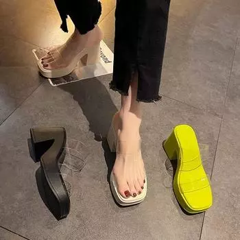 Корейская версия толстая подошва наклонный каблук одно слово перетащить женская верхняя одежда весна и лето популярная интернет знаменитость супер огонь высокие каблуки прозрачный 35 чёрный