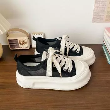 Корейская версия толстой подошвы приподнятых белых туфель 2024 года, модная универсальная сетчатая дышащая повседневная спортивная обувь для сноуборда 35 чёрный