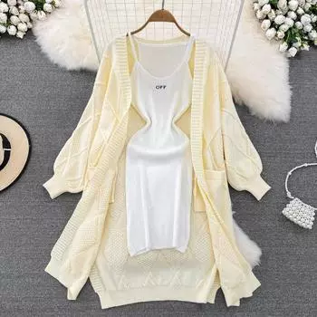 Корейская версия, тонкая трикотажная сумка, платье с ягодицами и длинный длинный ленивый ветровой свитер, кардиган, пальто, два комплекта, корейская версия