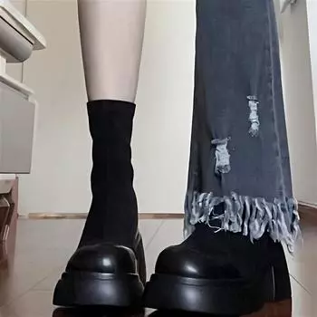 Корейская версия тонких сапог женские осенние сапоги с толстой подошвой и рукавом черные короткие сапоги универсальные модные простые сапоги с толстым каблуком и эластичной подошвой ins tide 35