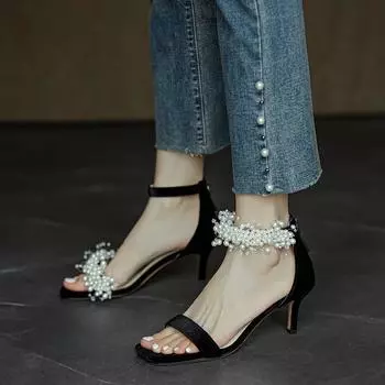 Корейская версия тренд темперамент женская обувь 2024 лето новый жемчужный открытый носок тонкий каблук универсальные модные высокие каблуки для женщин 34 чёрный