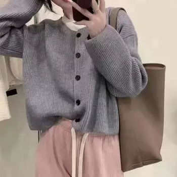 Корейская версия утолщенный простой однотонный свитер куртка женская осень и зима новая свободная верхняя одежда короткий круглый вырез вязаный кардиган женский One Size серый