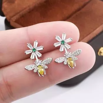 Корейская версия ювелирных изделий Серьги Zouju с микровставками из циркона, желтого бриллианта, пчелы и цветка, повседневные универсальные женские серьги, взорванные жёлтый