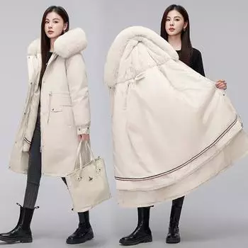 Корейская версия вельветовой облегающей хлопковой одежды Parker, большой меховой воротник, удлиненный съемный жакет, одежда и куртки для женщин M чёрный