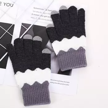 Корейская версия волнистых сенсорных женских зимних ретро универсальных студенческих милых шерстяных вязаных теплых перчаток для велоспорта с пятью пальцами
