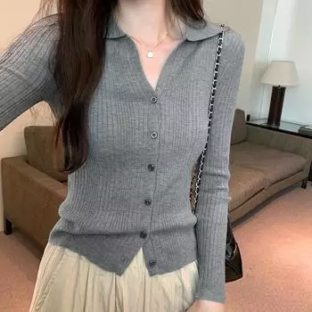 Корейская версия воротника поло основа длинный рукав вязаный свитер для женщин весна Slim Fit универсальный кардиган топ S чёрный