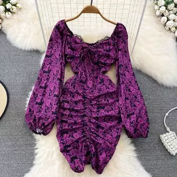 Корейская версия высококачественного темпераментного платья с квадратным воротником и галстуком-бабочкой и длинными рукавами на талии и оборками на бедрах с цветочным принтом