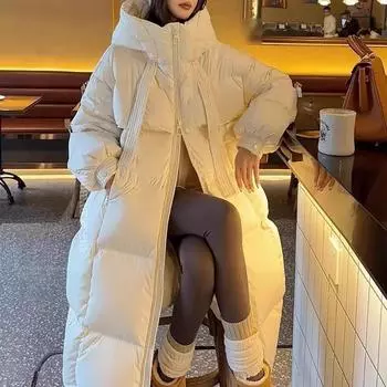 Корейская версия высококачественного утолщенного белого утиного пуха большого стеганого одеяла 2024 года, новый женский пуховик с длинными коленями прилив S чёрный