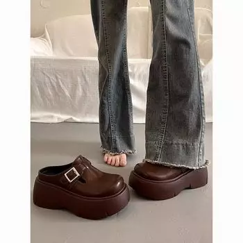 Корейская версия высококачественных тапочек с толстой подошвой и длинными носками, новинка 2024 года, французская повседневная обувь на мягкой подошве 35 чёрный