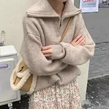 Корейская версия застежки-молнии с полуоткрытым воротом ленивый ветер свитер женский осень и зима универсальный повседневный простой свободный вязаный свитер женский топ average size хаки