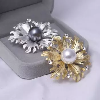 Корейская версия Женская Золотая Жемчужина Листья Растение Цветок Перо Металлическая Брошь Кристалл Булавки gold-B