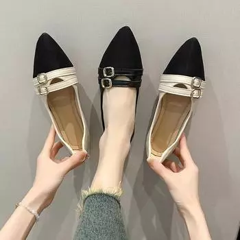 Корейская версия женские туфли на низком каблуке, цветные туфли с заостренным носком и пряжкой на ремне, туфли для банкета и свадьбы для женщин 35 бежевый