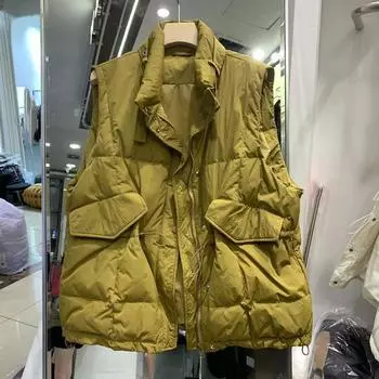 Корейская версия женского пухового жилета, короткий, осень-зима 2024, новый свободный пояс и тонкий воротник-стойка, жилет, куртка прилив S