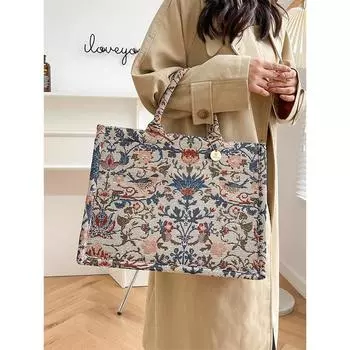 Корейская версия женской холщовой сумки, новая вышитая цветочная сумка через плечо, большая вместимость, официальная сумка для документов, поддержка кроссбоди