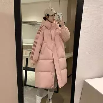 Корейская версия женской куртки-пуховика 2024 года, зимняя новая повседневная универсальная утолщенная теплая длинная куртка-пуховик на белом утином пуху с капюшоном S 90-60 kg