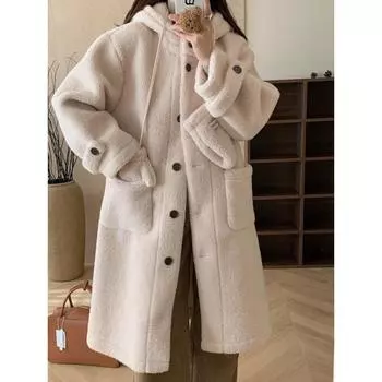 Корейская версия зимнего утолщенного овечьего меха, интегрированного пальто, длинное теплое шерстяное пальто с капюшоном, женские перчатки One size бежевый