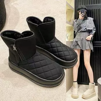 Корейская версия зимних ботинок на толстой подошве, женские зимние ботинки в стиле ретро с утолщенной меховой вставкой, нескользящие теплые хлопковые ботинки 35 хаки