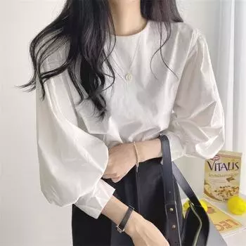 Корейская весенняя мода в стиле ретро, простой топ с круглым вырезом, рубашка с пузырьковыми рукавами, женская рубашка S белый