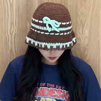 Корейская вязаная панама с милым бантом для женщин, весна и осень, универсальная, симпатичная, маленькая, в ретро-стиле, контрастная полосатая кепка 56-58cm белый