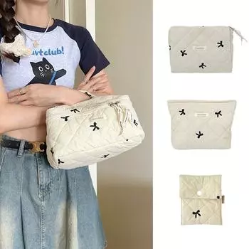 Корейская вышитая косметичка с бантом, хлопковая косметичка, тканевая сумочка, пенал, сумка для хранения, портативный органайзер для косметики, сумка на молнии