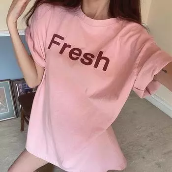 Корейская женская летняя свободная футболка с коротким рукавом и буквенным принтом, повседневная футболка с круглым вырезом M серый