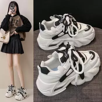 Корейская женская обувь для папы весна 2024 года - кроссовки для спорта и бега на толстой подошве YB2802 35 чёрный/белый