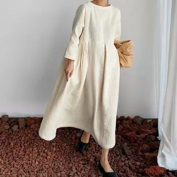 Корейская женская одежда Johnature, осенние повседневные свободные однотонные женские платья трапециевидной формы с круглым вырезом и карманами S бежевый