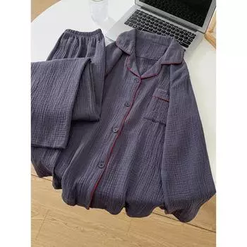 Корейская женская пижама осень-весна с длинным рукавом мягкий комплект одежды для сна из марли, хлопка, однотонная пижама для женщин, комплект одежды для сна M