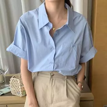 Корейская женская рубашка с коротким рукавом, отбеливающая, свободного кроя, цвета голубого молока, с лацканами и карманом Medium синий