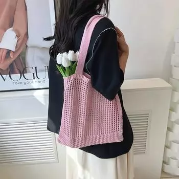 Корейская женская сумка с цветочным крючком, вязаная сумка, повседневная полая сумка, пляжная сумка через плечо One Size розовый