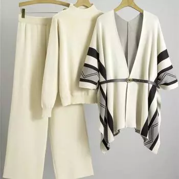 Корейские элегантные вязаные комплекты из 3 предметов Женский свитер-пуловер+шикарный дизайн Шаль Топы Conjuntos Брючный костюм с высокой талией и широкими штанинами Новый One size бежевый