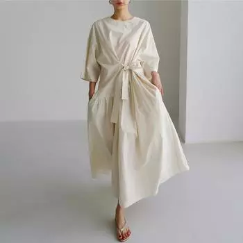 Корейские бандажные платья Johnature, летнее повседневное простое однотонное свободное платье с круглым вырезом и карманами с короткими рукавами S чёрный