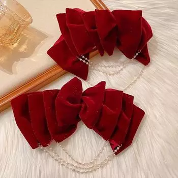 Корейские бархатные многослойные заколки-банты для волос с жемчужными кисточками для женщин, элегантные ювелирные изделия, пружинные зажимы для волос для женщин, аксессуары для волос красный