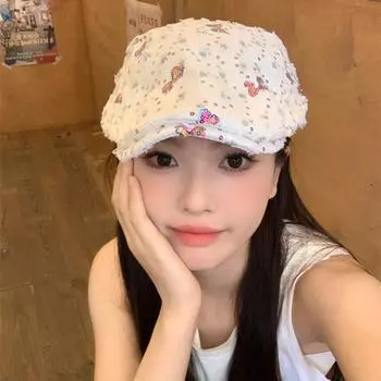 Корейские береты с блестками в виде бабочек для женщин, весна-лето, путешествия, солнцезащитные, модные, универсальные, ретро, литературные, художественные шляпы 56-58cm белый