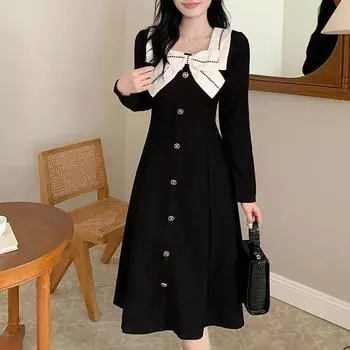 Корейские цветные узкие женские платья А-силуэта с длинным рукавом, модные элегантные макси-платья с бантом для женщин, облегающее платье M чёрный