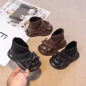 Корейские детские короткие ботинки для девочек, весенние и осенние носки для девочек, ботинки, мягкие подошвы, маленькие кожаные ботинки для малышей 15 чёрный