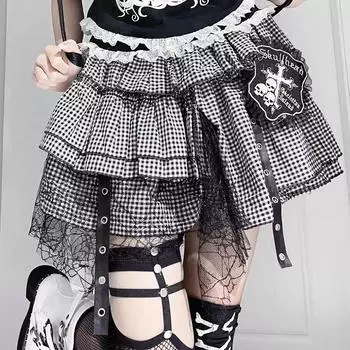 Корейские девушки Kawaii Punk A-силуэт Мини-юбка Harajuku Vintage Black White Rock Cake Юбки Y2K Кружевные бальные платья Skater One Size чёрный