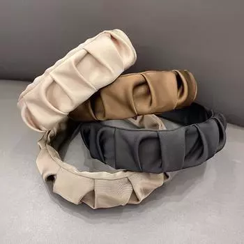 Корейские дизайнерские мятые атласные хлопковые однотонные широкие обручи для волос для женщин, косметические повязки на голову, аксессуары для волос, женские летние бежевый