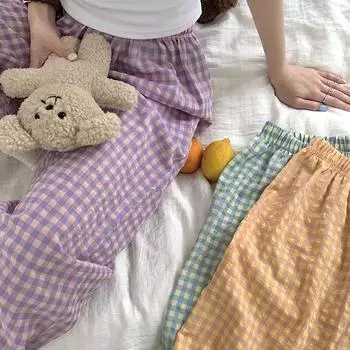 Корейские клетчатые брюки пижамы женские домашние прогулки досуг зеленые свободные широкие штаны для сна повседневные эластичные талии пижамные брюки One Size оранжевый