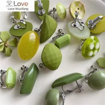 Корейские круглые зеленые серьги из смоляного камня, ретро-серьги с зеленым акриловым цветком, геометрические квадратные серьги-клипсы без пирсинга