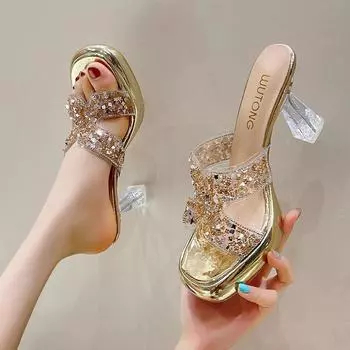 Корейские маленькие туфли на толстой подошве с одним словом, женские прозрачные классные тапочки 2024 года, летние туфли на толстом каблуке с квадратной головкой 34