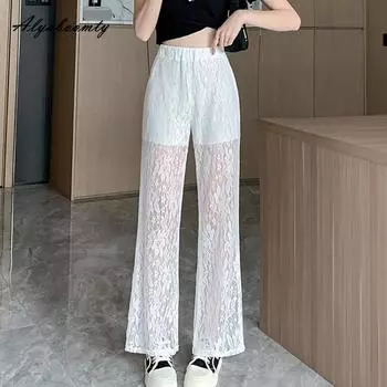 Корейские модные летние женские белые кружевные брюки с эластичной талией, тонкие стильные женские элегантные женские широкие брюки S