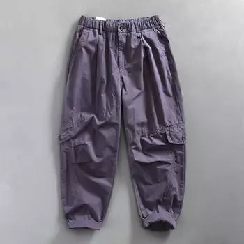 Корейские модные мужские брюки-карго на весну и лето из чистого хлопка, повседневные длинные брюки, мужские зауженные брюки с эластичной резинкой на талии цвета хаки, молодежные брюки M хаки