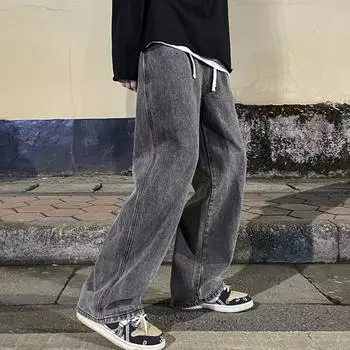 Корейские модные мужские мешковатые джинсы с эластичной резинкой на талии, классические однотонные прямые джинсовые широкие брюки, мужские светло-голубые, серые, черные S темно-синий