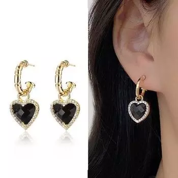 Корейские модные серьги Темпераментные серьги Черный кристалл Персиковое сердце Простые женские серьги