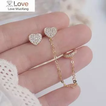 Корейские модные украшения изысканные серьги из настоящего золота 14 карат с цирконием сладкая любовь асимметричные серьги-клипсы с цепочкой для ушей женские серьги