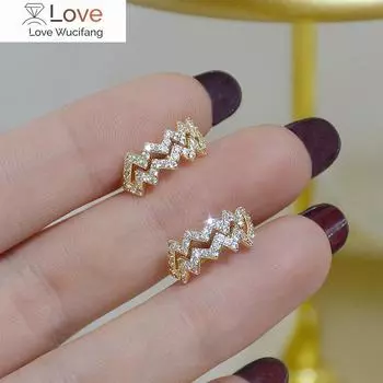 Корейские модные ювелирные изделия, изысканные серьги-клипсы из настоящего золота 14 карат с цирконием, без проколов, женские повседневные универсальные серьги Wave золотой